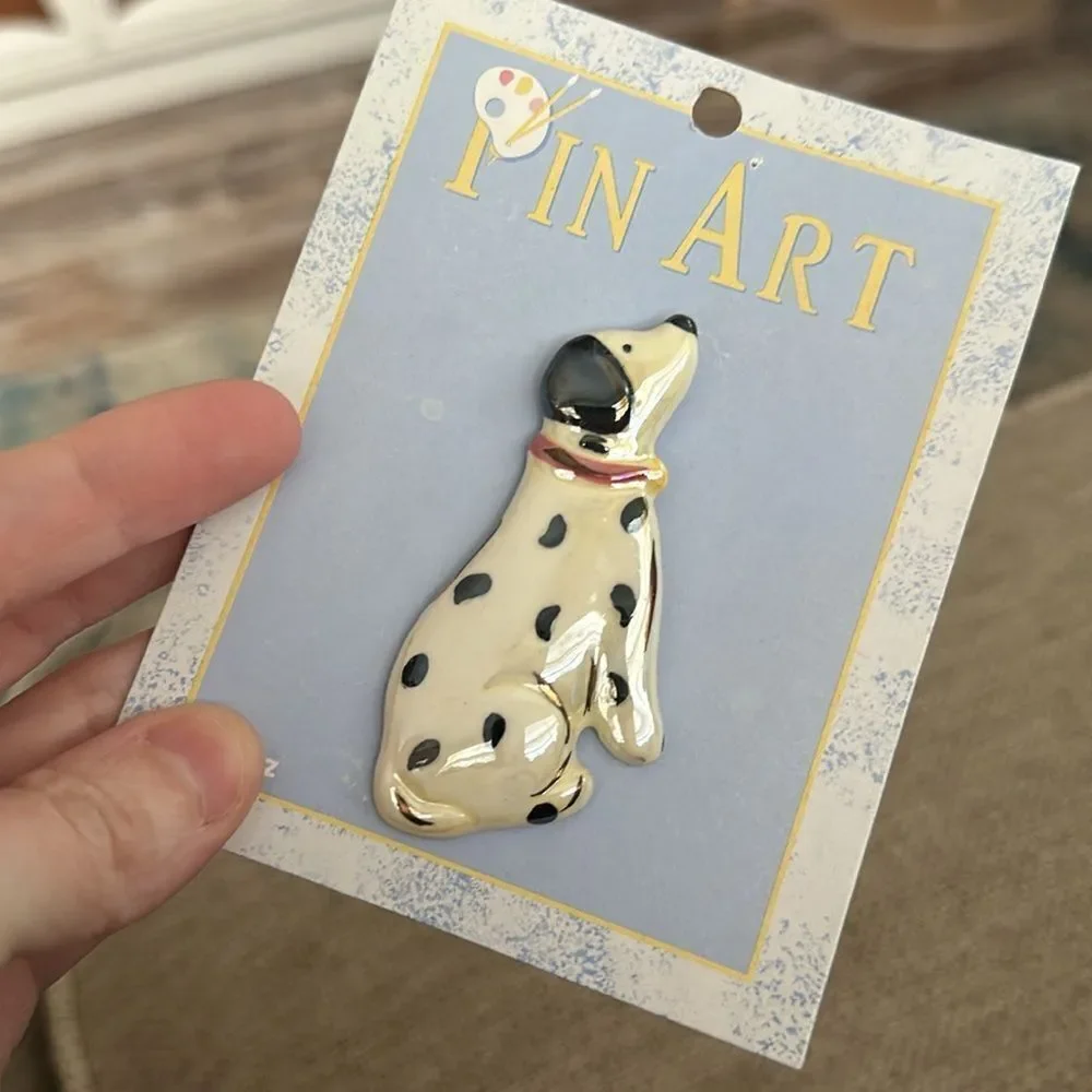 NEW but Rare Vintage 80's By Ganz Pin Art Brooch Ceramic Dog Painted Pin